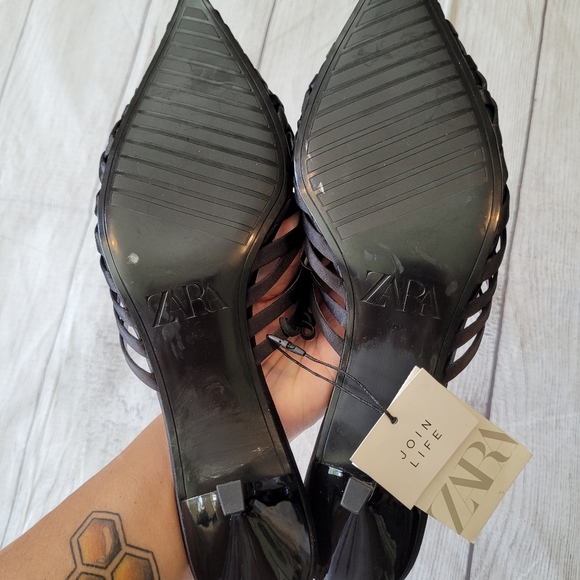 •SOLD• Zara Black Weaved Point Toe Kitten heel Mule Size 9 •New w/ Tag• - Picture 6 of 9